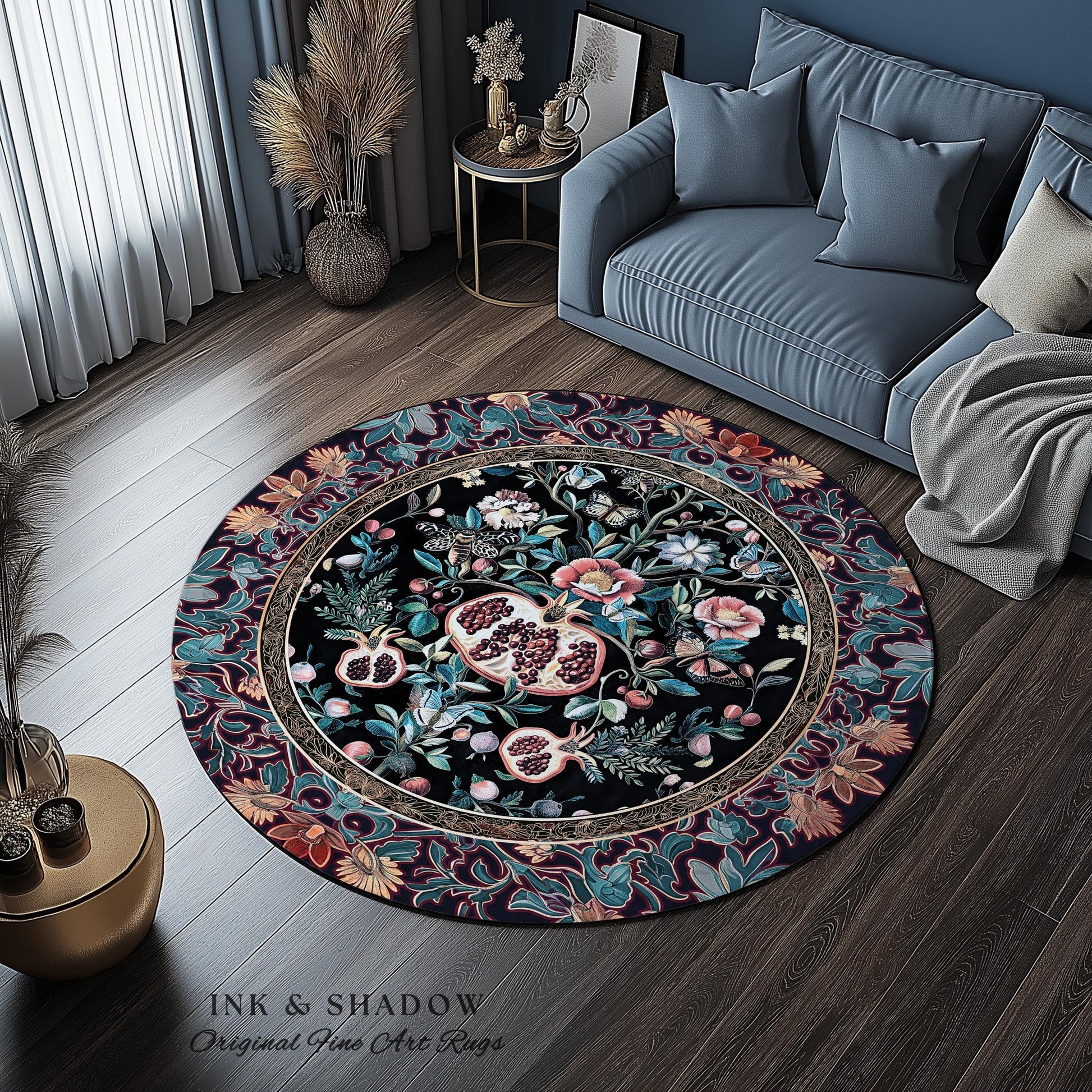 Witchy Dark Academia Pomegranate Rug Whimsigothic Floral Home Decor, Enchanted Woodland Cottagecore Botanical Victorian Gothic Nature Accent
