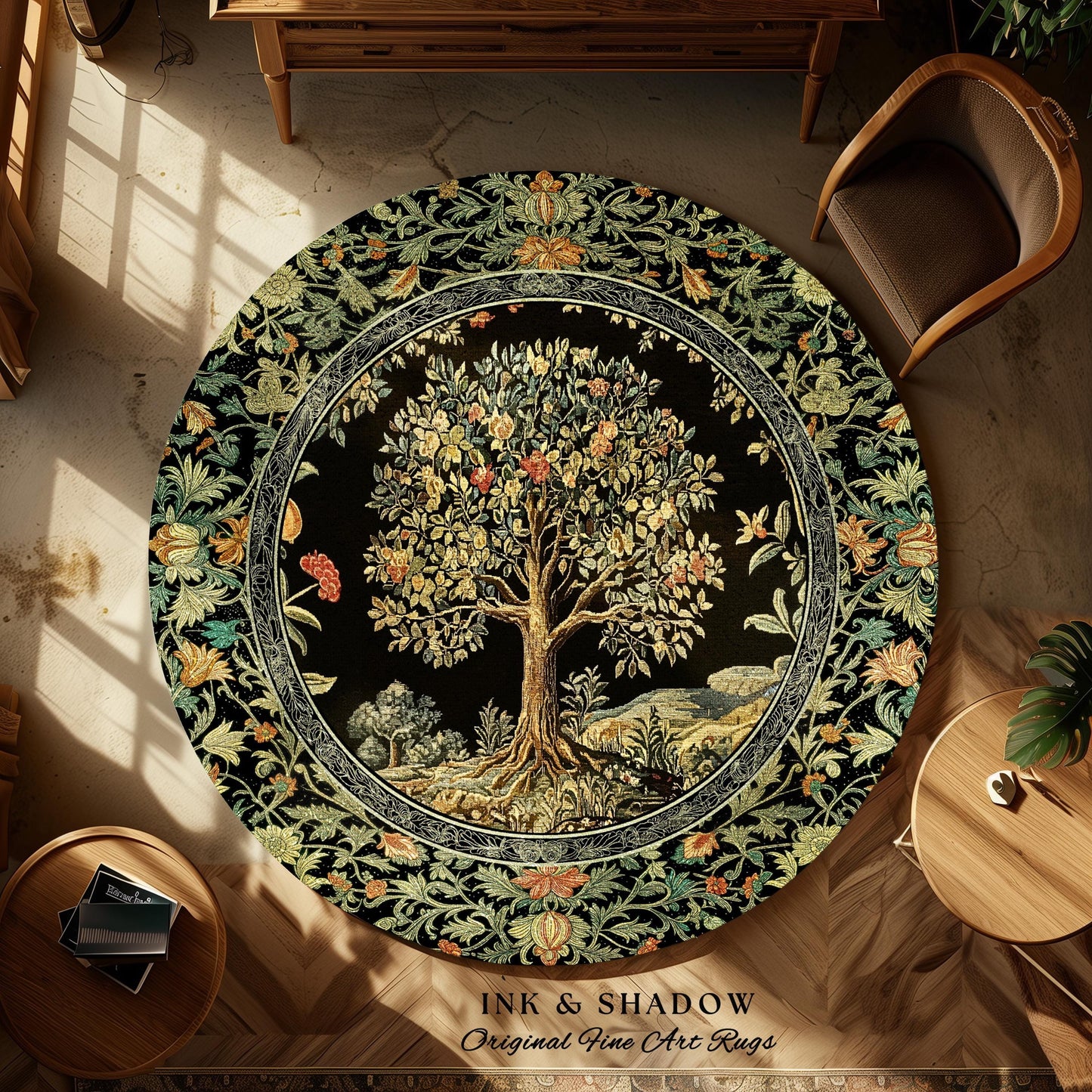 Regal Woodland Tree Rug | Floral Heritage Decor Rug Parisian Style Gothic Cottagecore Aesthetic Traditional Living Room Accent Chateaucore