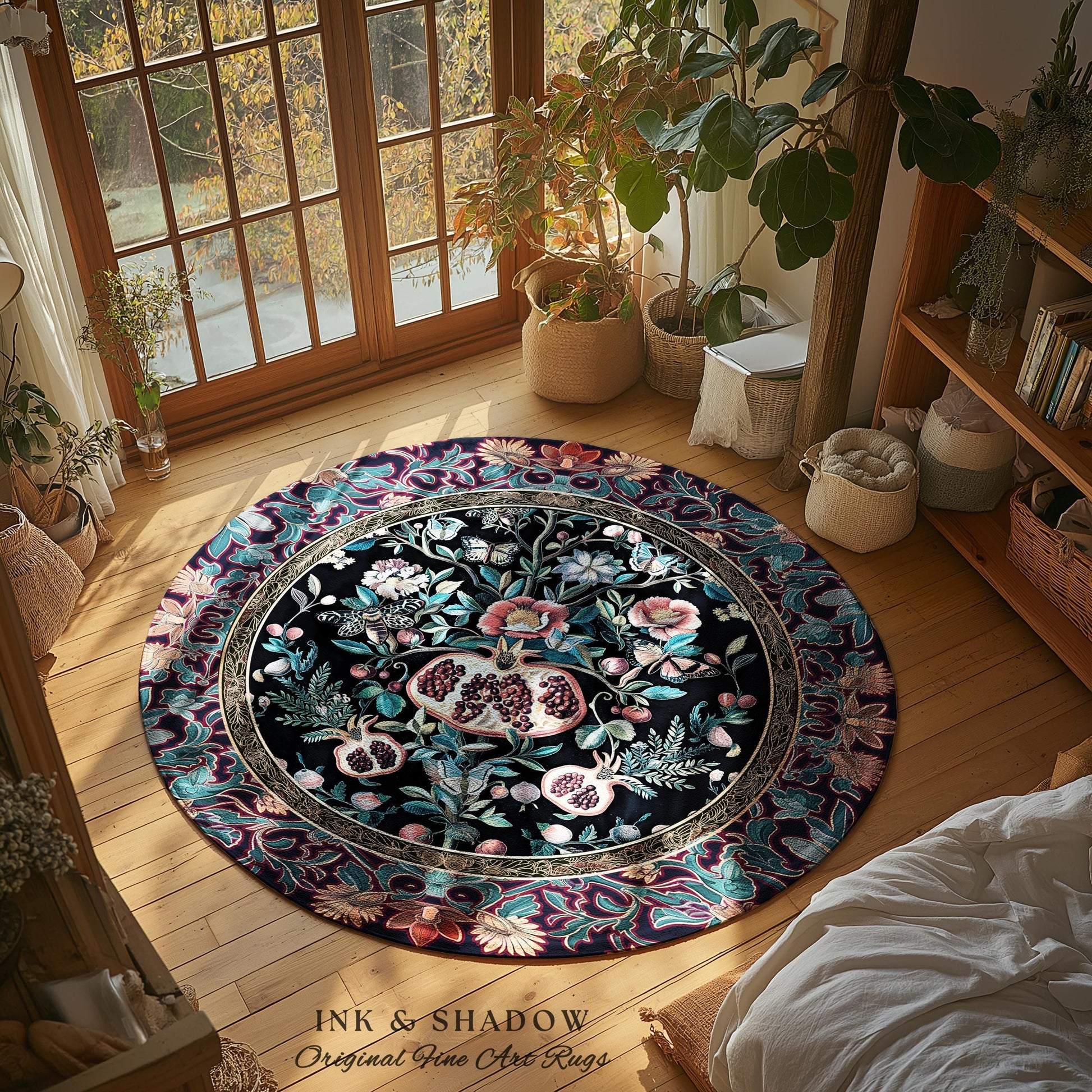 Witchy Dark Academia Pomegranate Rug Whimsigothic Floral Home Decor, Enchanted Woodland Cottagecore Botanical Victorian Gothic Nature Accent