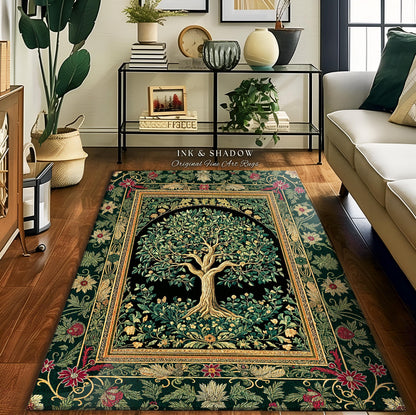 Forest Green Heritage Tree Rug | Lush Botanical Tapestry Style with Crimson Floral Borders Vintage Cottagecore Maximalist Medieval Aesthetic