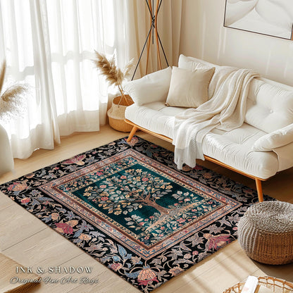 Victorian Folk Art Tree Area Rug | Floral Morris Inspired Accent Rug Red Roses Ornate Rococo Classical Medieval Garden Design Maximalist |