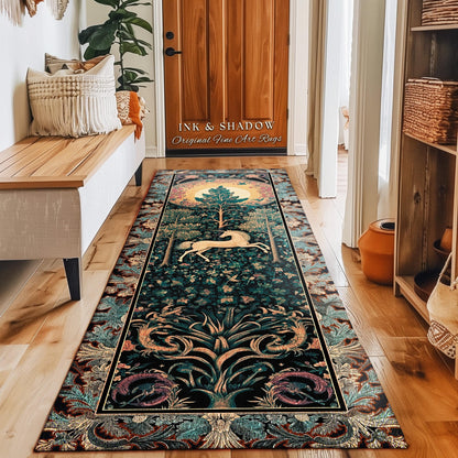 Moonlit Forest Mystical Unicorn Runner Rug Medieval Fairycore Decor | Renaissance Whimsical Gothic Aesthetic Baroque Forestcore Home Accent