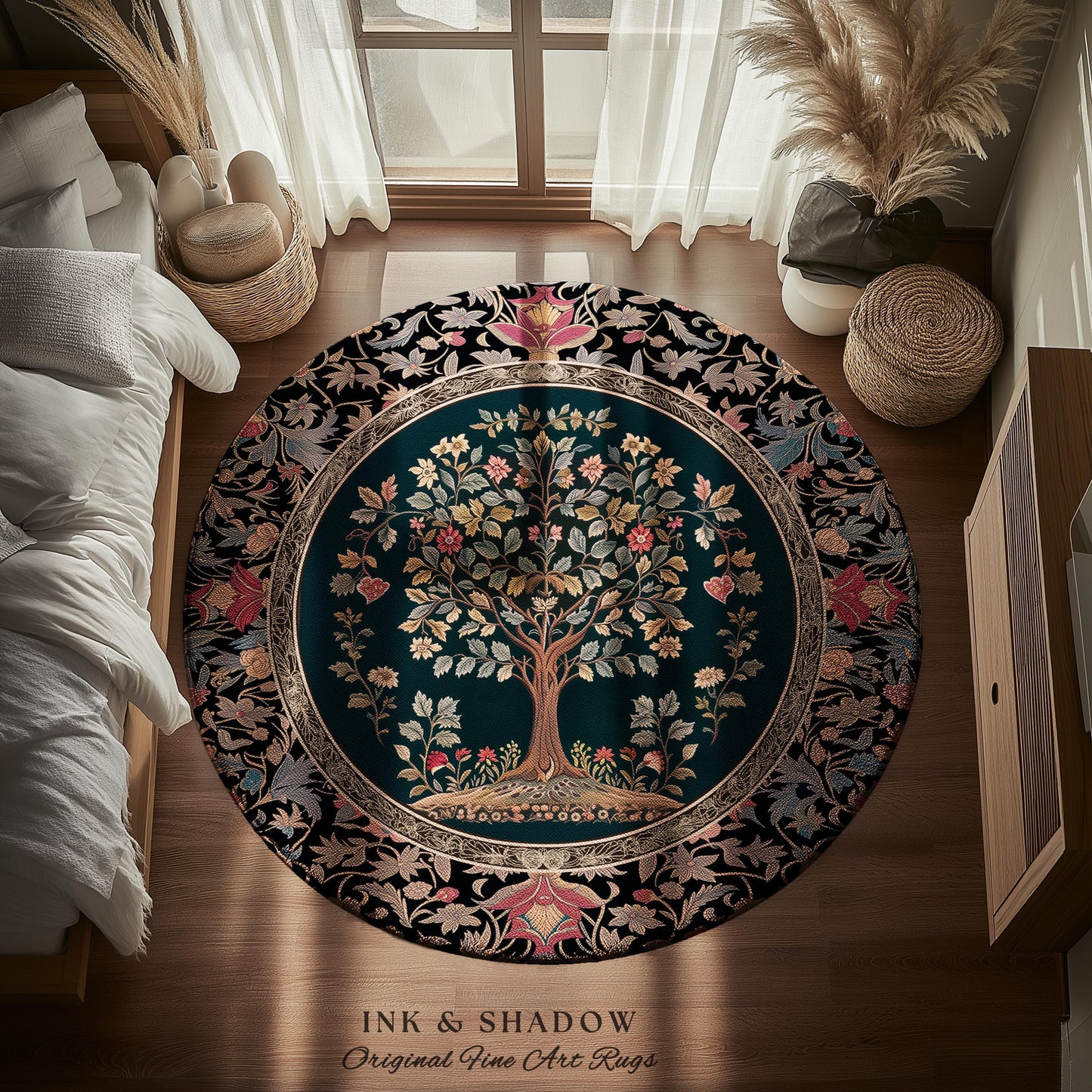 Victorian Folk Art Tree Area Rug | Floral Morris Inspired Accent Rug Red Roses Ornate Rococo Classical Medieval Garden Design Maximalist |