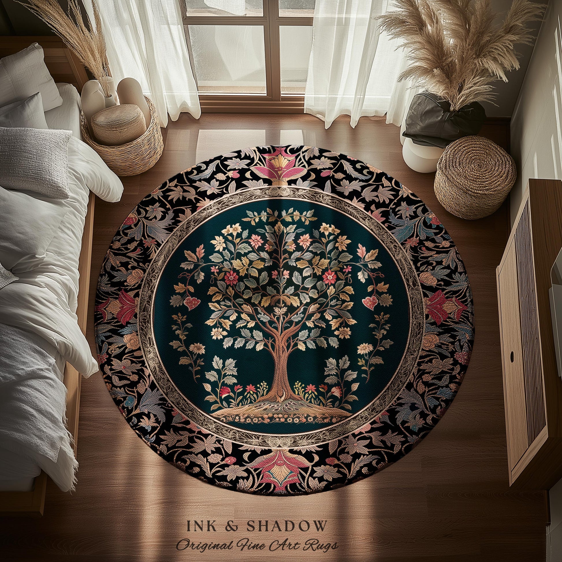 Victorian Folk Art Tree Area Rug | Floral Morris Inspired Accent Rug Red Roses Ornate Rococo Classical Medieval Garden Design Maximalist |