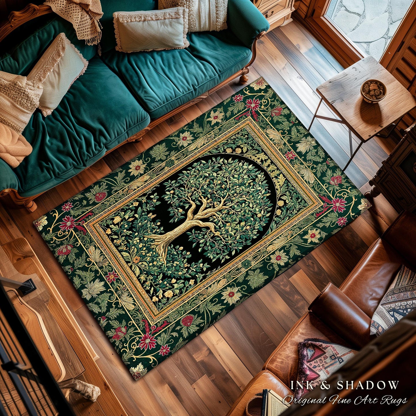 Forest Green Heritage Tree Rug | Lush Botanical Tapestry Style with Crimson Floral Borders Vintage Cottagecore Maximalist Medieval Aesthetic