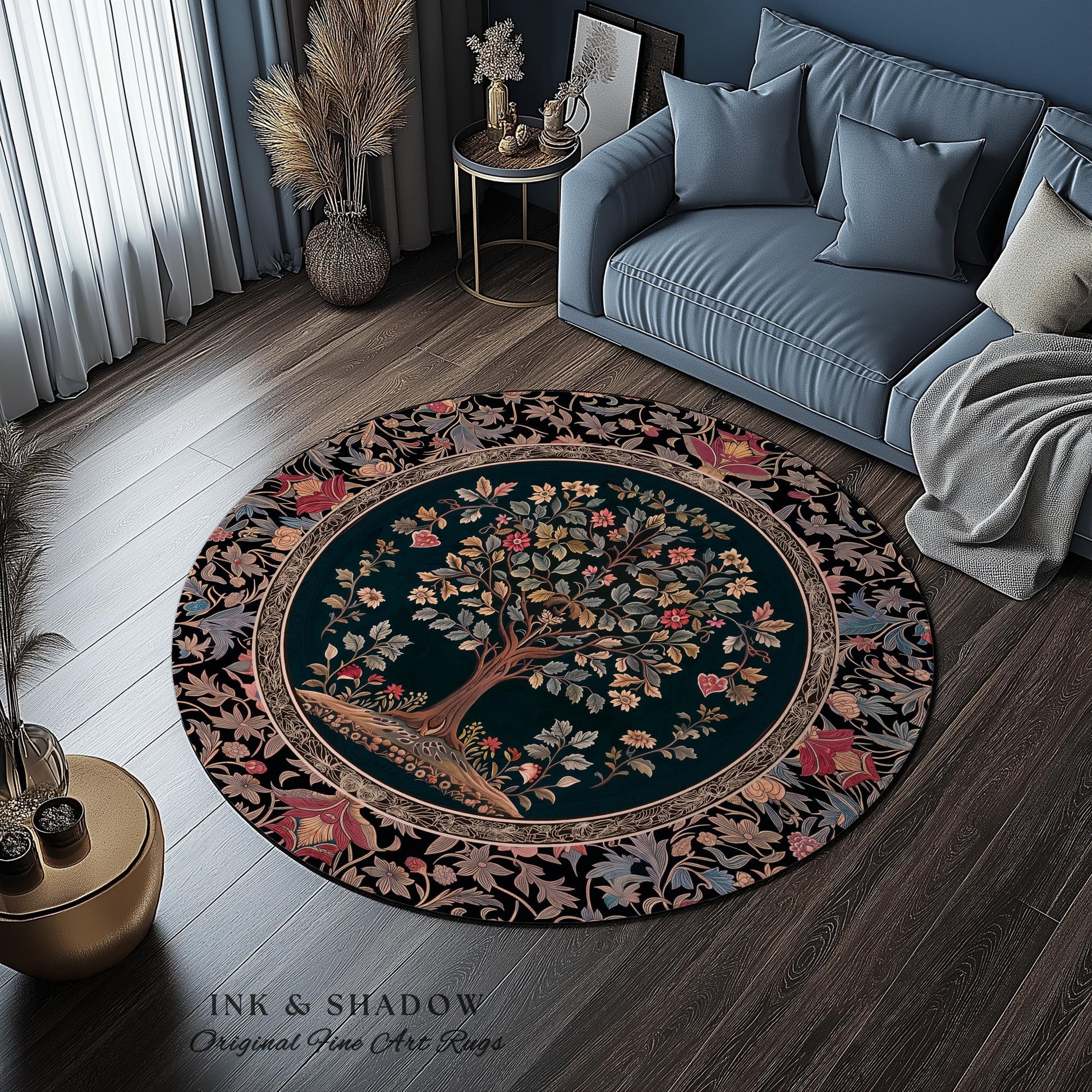 Victorian Folk Art Tree Area Rug | Floral Morris Inspired Accent Rug Red Roses Ornate Rococo Classical Medieval Garden Design Maximalist |