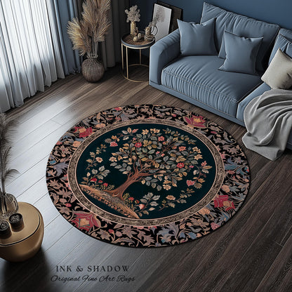 Victorian Folk Art Tree Area Rug | Floral Morris Inspired Accent Rug Red Roses Ornate Rococo Classical Medieval Garden Design Maximalist |