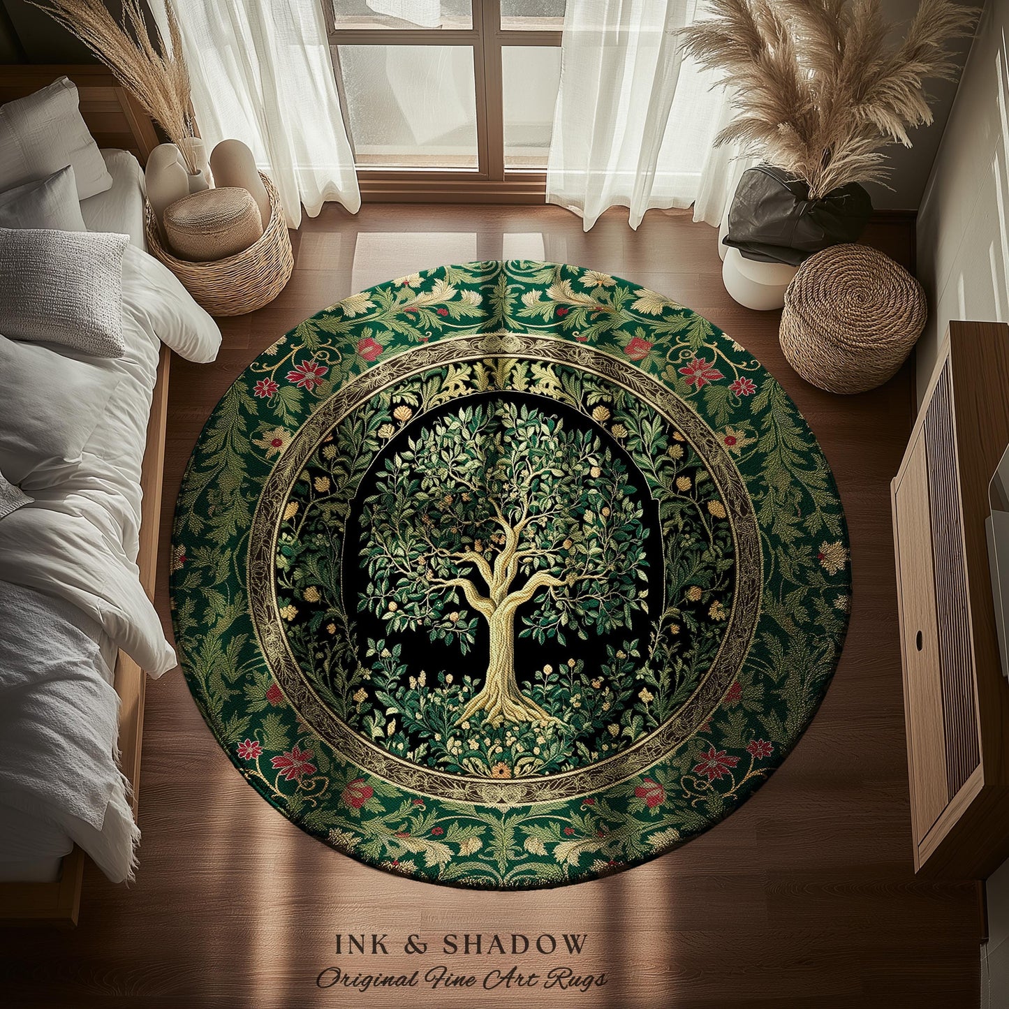 Forest Green Heritage Tree Rug | Lush Botanical Tapestry Style with Crimson Floral Borders Vintage Cottagecore Maximalist Medieval Aesthetic