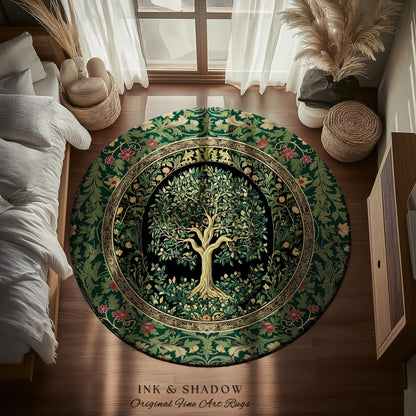 Forest Green Heritage Tree Rug | Lush Botanical Tapestry Style with Crimson Floral Borders Vintage Cottagecore Maximalist Medieval Aesthetic