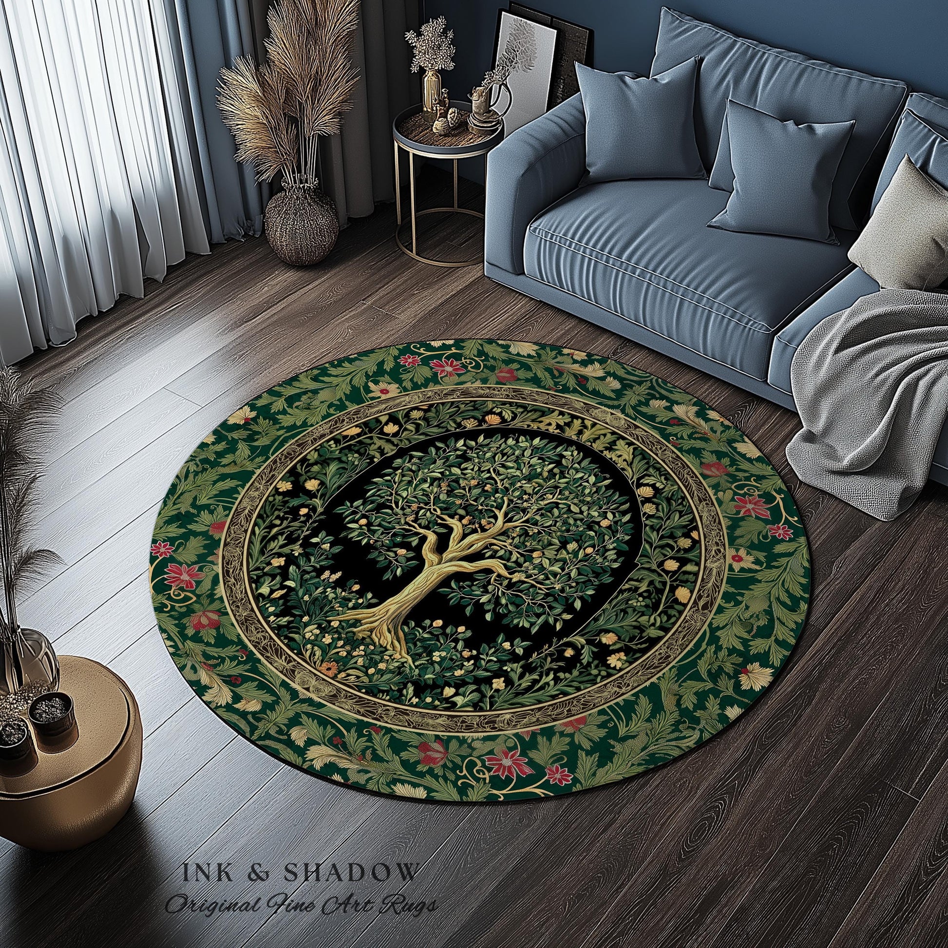 Forest Green Heritage Tree Rug | Lush Botanical Tapestry Style with Crimson Floral Borders Vintage Cottagecore Maximalist Medieval Aesthetic
