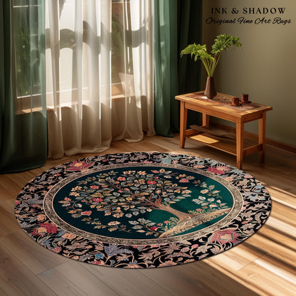 Victorian Folk Art Tree Area Rug | Floral Morris Inspired Accent Rug Red Roses Ornate Rococo Classical Medieval Garden Design Maximalist |
