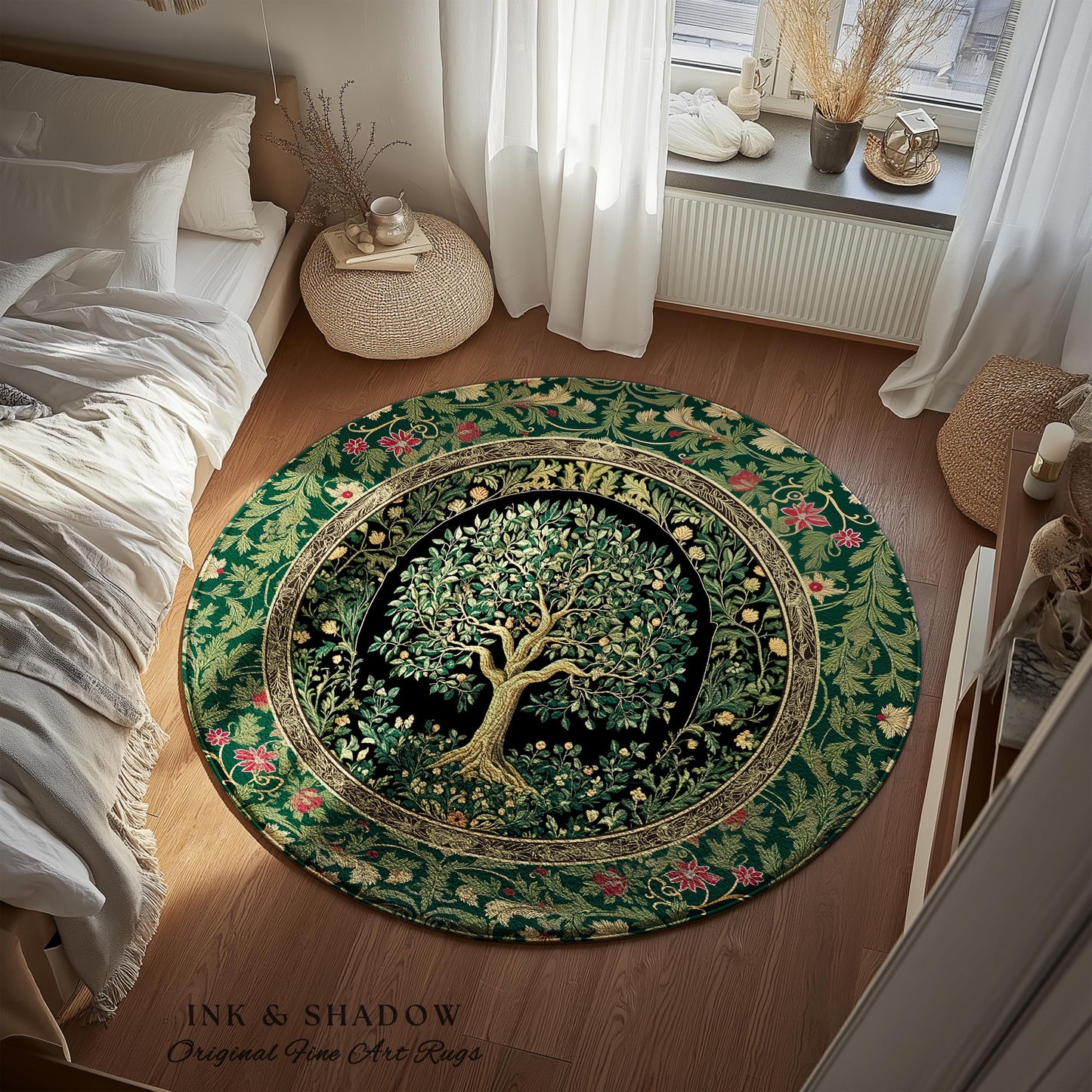 Forest Green Heritage Tree Rug | Lush Botanical Tapestry Style with Crimson Floral Borders Vintage Cottagecore Maximalist Medieval Aesthetic