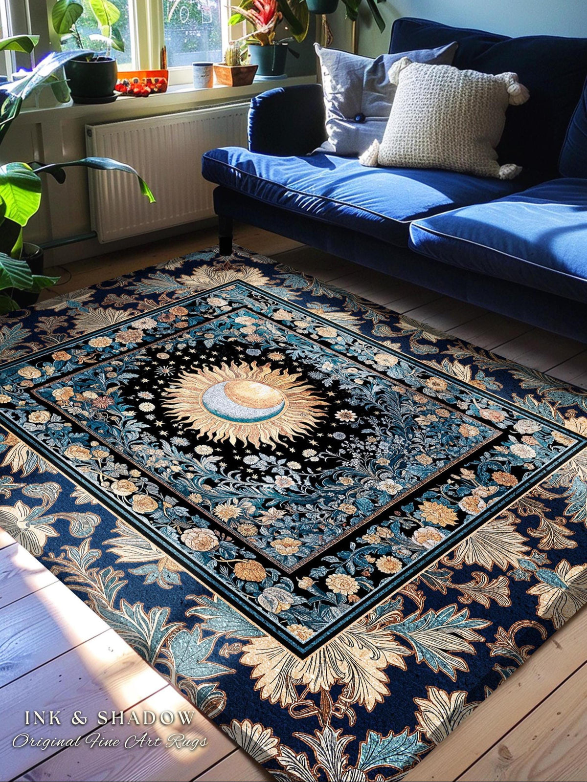 Lunar Energy Peaceful Bedroom Rug | Gothic Bohemian Astrology Mystic Whimsical Sun & Moon Maximalist Witchy Tarot Decor Celestial Accent Rug