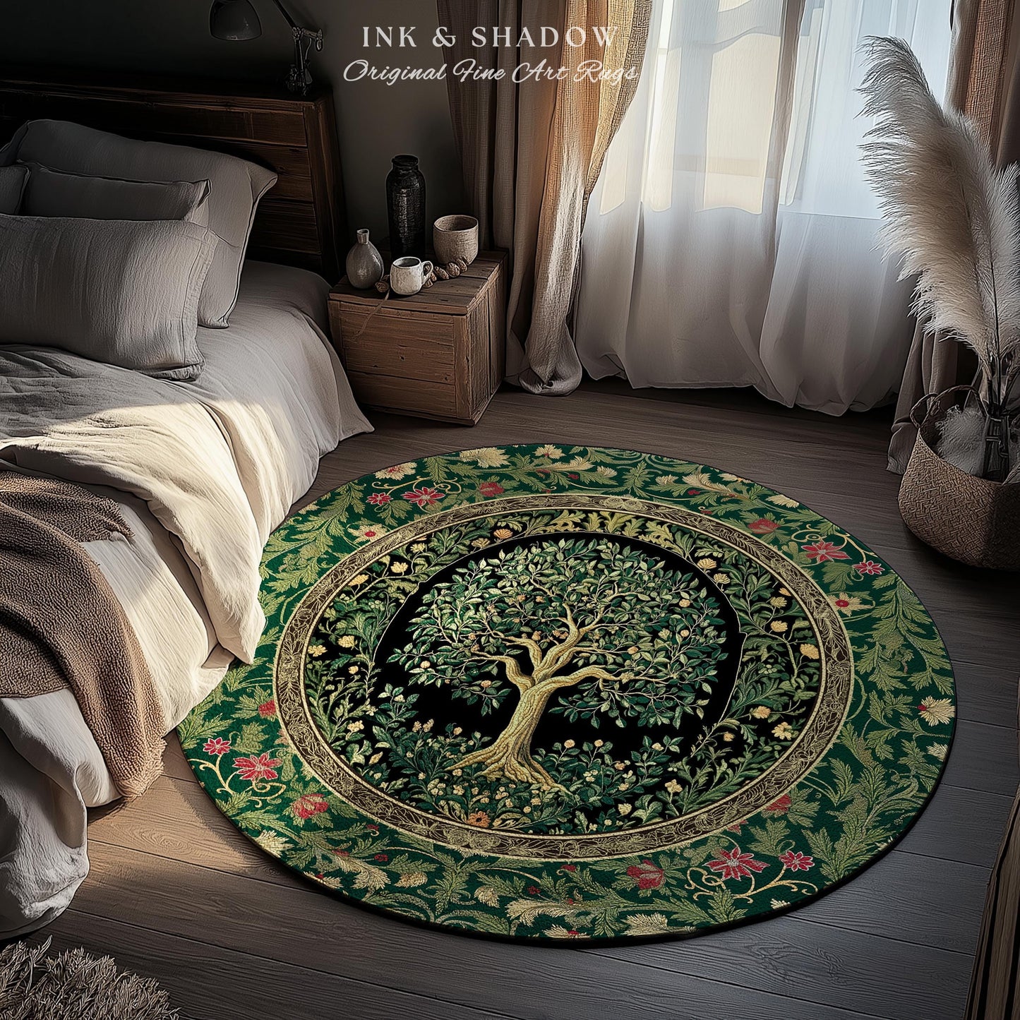 Forest Green Heritage Tree Rug | Lush Botanical Tapestry Style with Crimson Floral Borders Vintage Cottagecore Maximalist Medieval Aesthetic