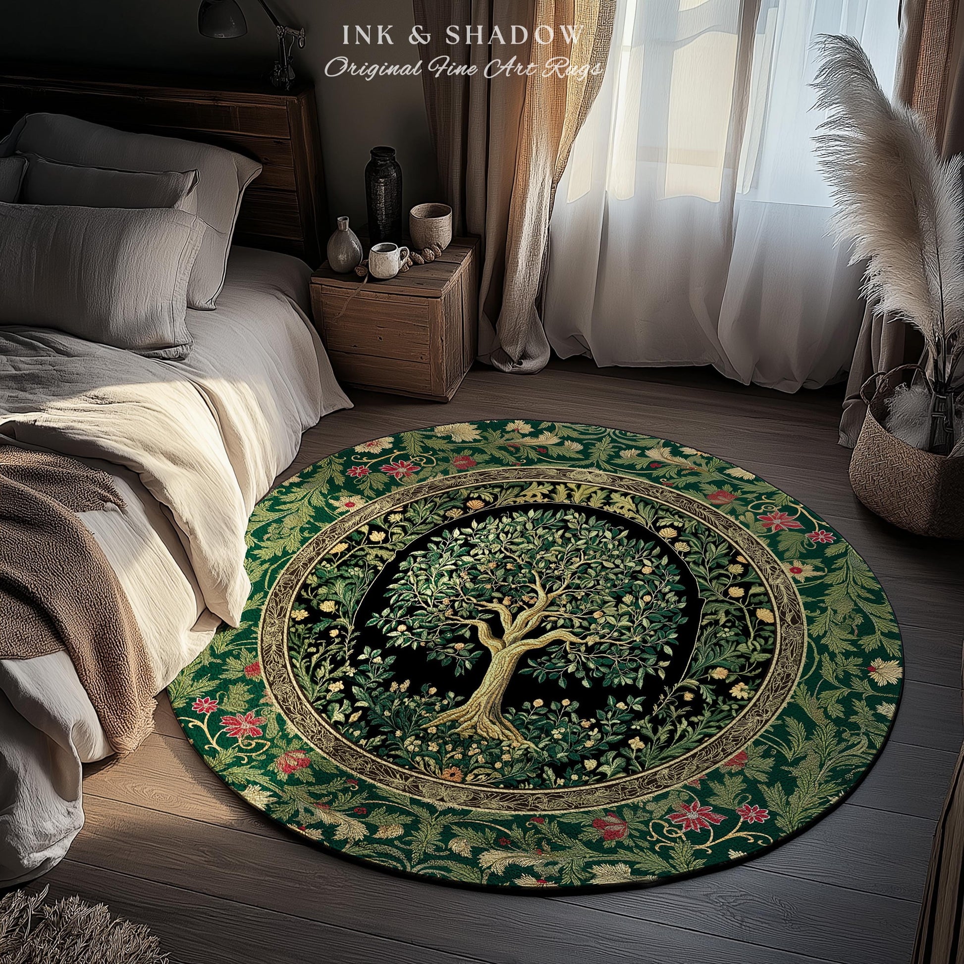 Forest Green Heritage Tree Rug | Lush Botanical Tapestry Style with Crimson Floral Borders Vintage Cottagecore Maximalist Medieval Aesthetic