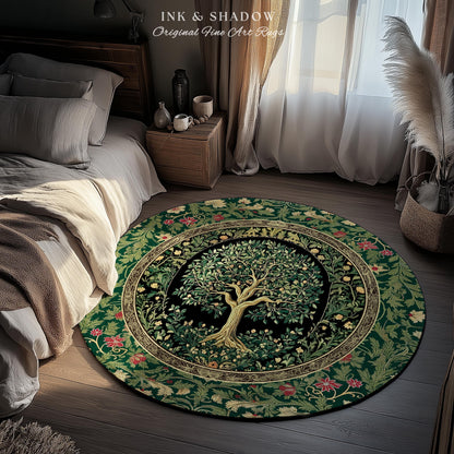 Forest Green Heritage Tree Rug | Lush Botanical Tapestry Style with Crimson Floral Borders Vintage Cottagecore Maximalist Medieval Aesthetic