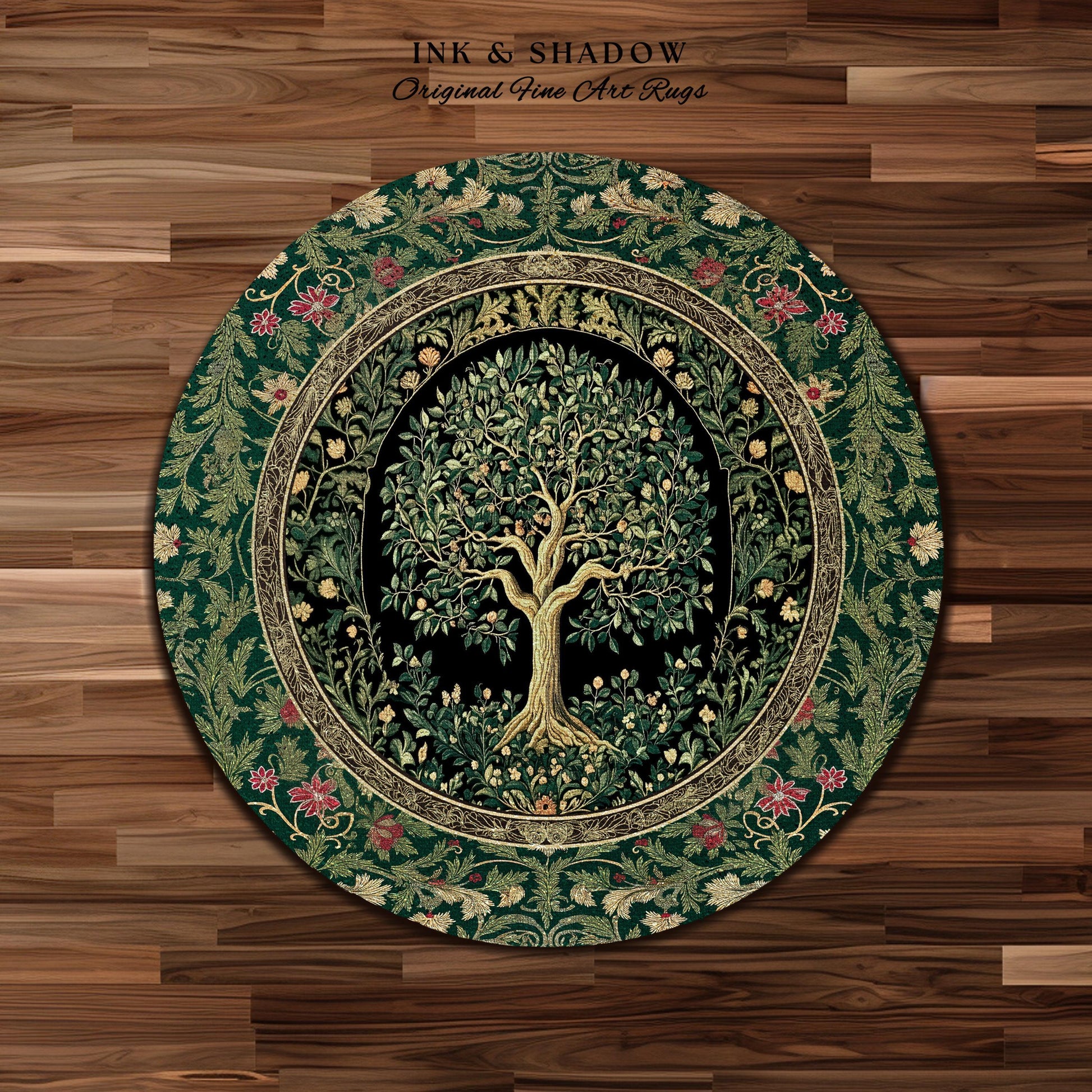 Forest Green Heritage Tree Rug | Lush Botanical Tapestry Style with Crimson Floral Borders Vintage Cottagecore Maximalist Medieval Aesthetic