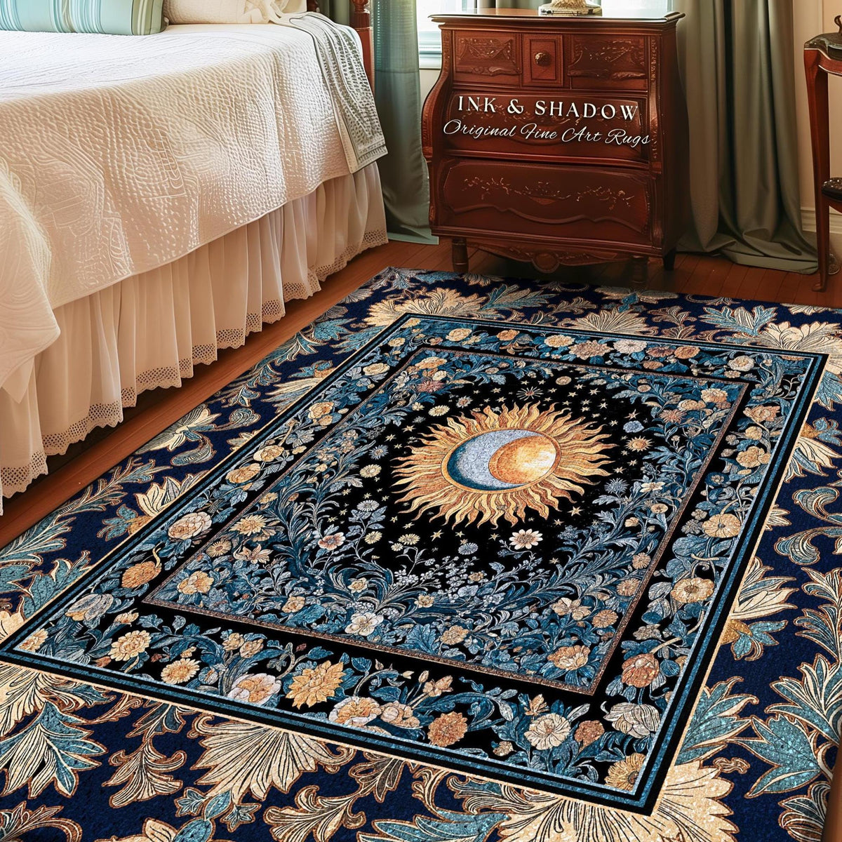 Lunar Energy Peaceful Bedroom Rug | Gothic Bohemian Astrology Mystic Whimsical Sun & Moon Maximalist Witchy Tarot Decor Celestial Accent Rug