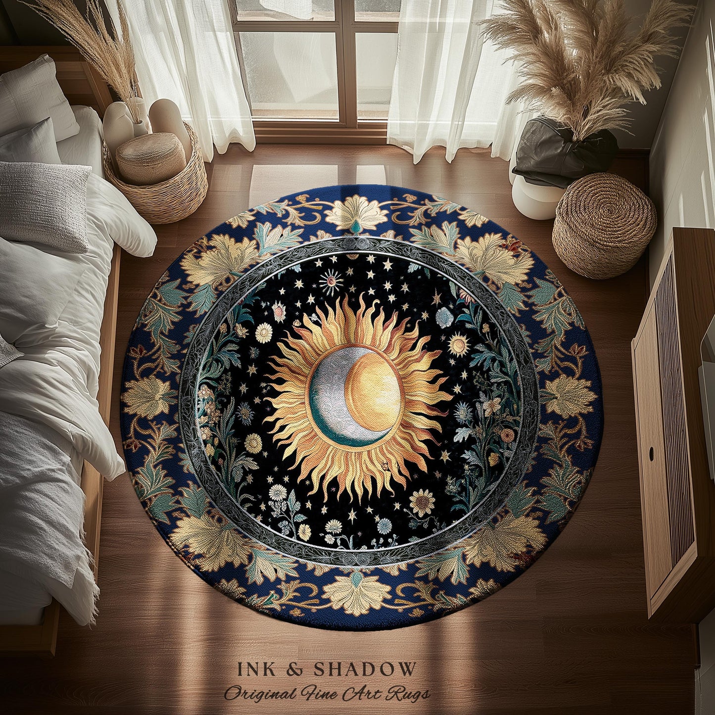 Lunar Energy Peaceful Bedroom Rug | Gothic Bohemian Astrology Mystic Whimsical Sun & Moon Maximalist Witchy Tarot Decor Celestial Accent Rug