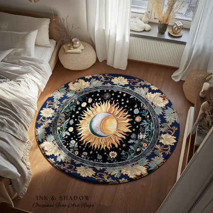 Lunar Energy Peaceful Bedroom Rug | Gothic Bohemian Astrology Mystic Whimsical Sun & Moon Maximalist Witchy Tarot Decor Celestial Accent Rug