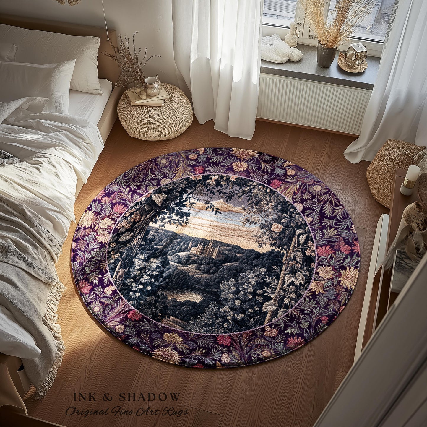 Pastel Fairy Aesthetic Accent Rug | Ethereal Woodland Royalcore Rosy Bedroom Area Rug Botanical Landscape Medieval Princess Rustic Castle |