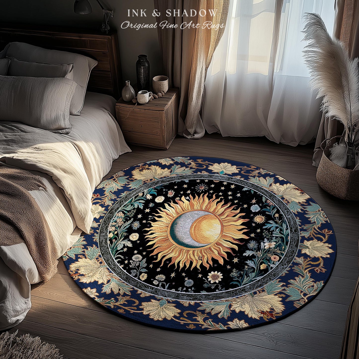 Lunar Energy Peaceful Bedroom Rug | Gothic Bohemian Astrology Mystic Whimsical Sun & Moon Maximalist Witchy Tarot Decor Celestial Accent Rug