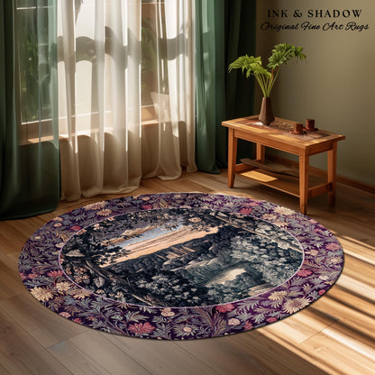 Pastel Fairy Aesthetic Accent Rug | Ethereal Woodland Royalcore Rosy Bedroom Area Rug Botanical Landscape Medieval Princess Rustic Castle |