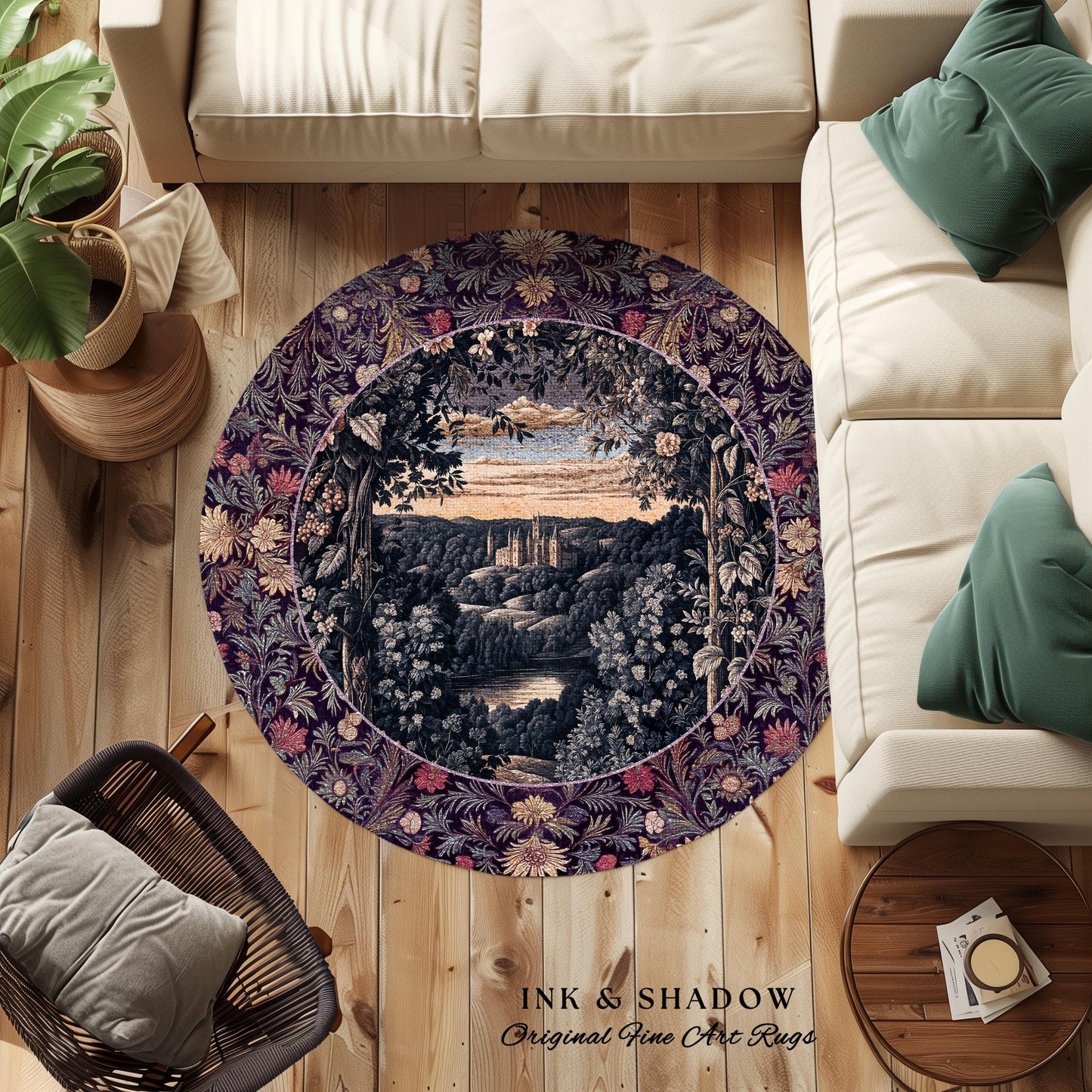 Pastel Fairy Aesthetic Accent Rug | Ethereal Woodland Royalcore Rosy Bedroom Area Rug Botanical Landscape Medieval Princess Rustic Castle |