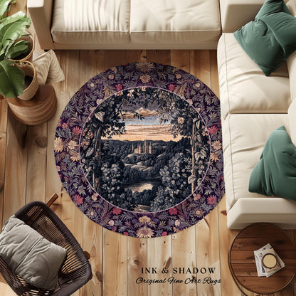 Pastel Fairy Aesthetic Accent Rug | Ethereal Woodland Royalcore Rosy Bedroom Area Rug Botanical Landscape Medieval Princess Rustic Castle |