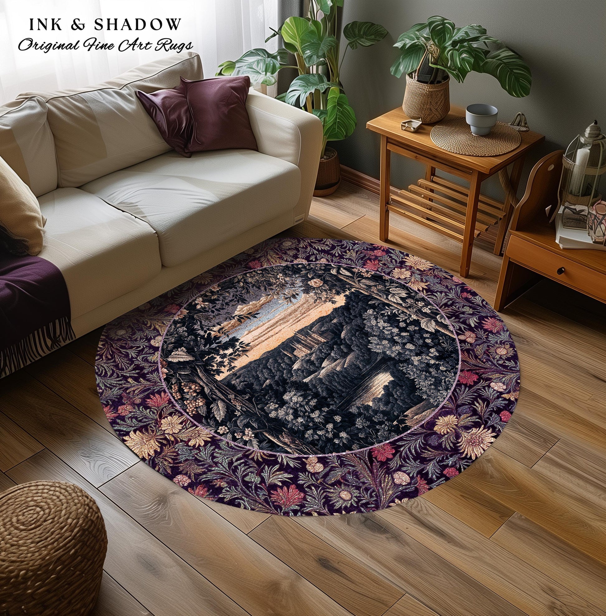 Pastel Fairy Aesthetic Accent Rug | Ethereal Woodland Royalcore Rosy Bedroom Area Rug Botanical Landscape Medieval Princess Rustic Castle |