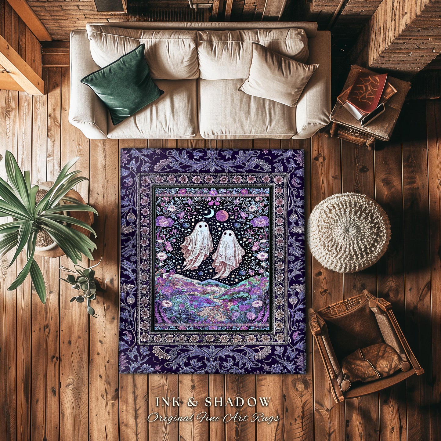 Cosmic Purple Ghost Landscape Rug | Ethereal Landscape Whimsical Accent Rug Cottagecore Halloween Bedroom Fairycore Aesthetic Floral Decor |
