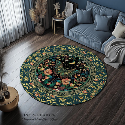 Mystic Moonlit Garden Moth Rug Whimigothic Fairycore Decor | Dark Floral Witchy Moth Rug Whimsical Home Decor Butterfly Cottagecore Rug Gift