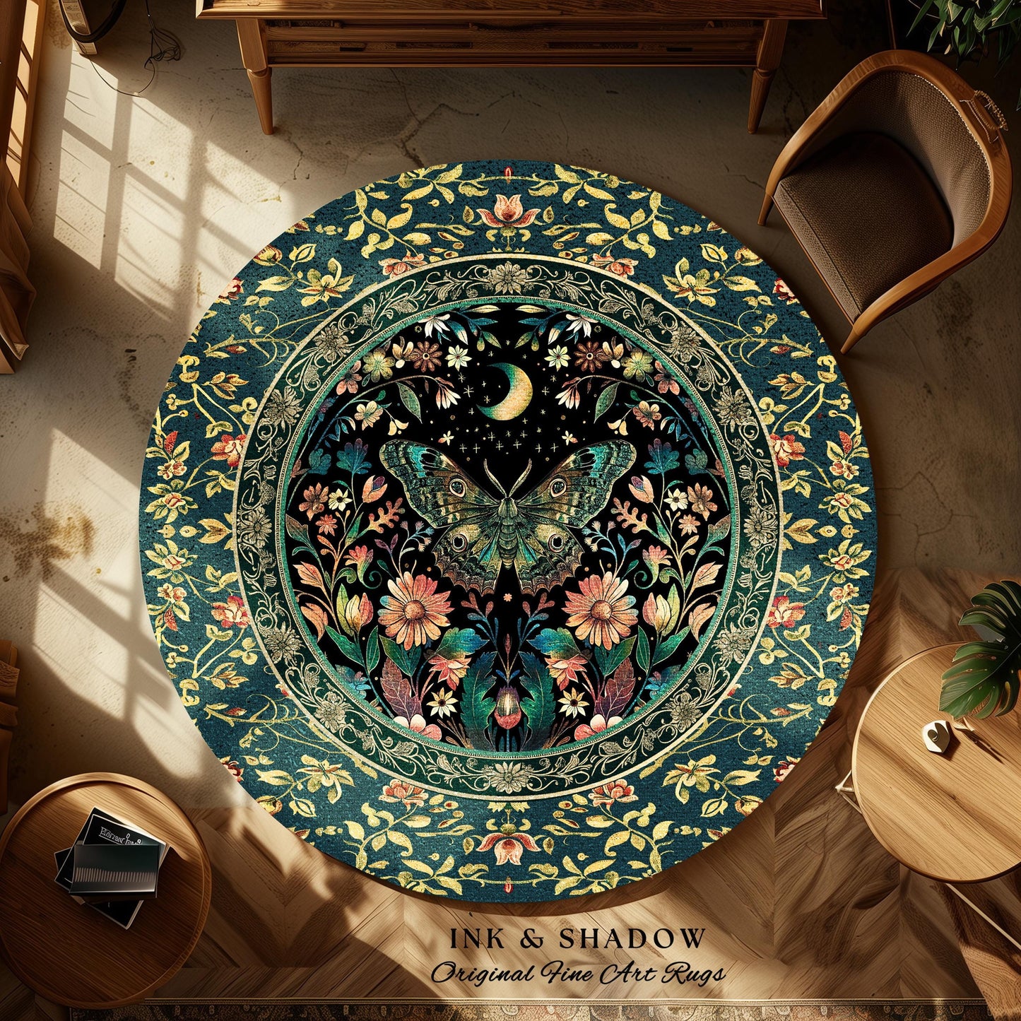 Mystic Moonlit Garden Moth Rug Whimigothic Fairycore Decor | Dark Floral Witchy Moth Rug Whimsical Home Decor Butterfly Cottagecore Rug Gift