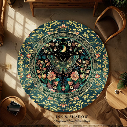 Mystic Moonlit Garden Moth Rug Whimigothic Fairycore Decor | Dark Floral Witchy Moth Rug Whimsical Home Decor Butterfly Cottagecore Rug Gift
