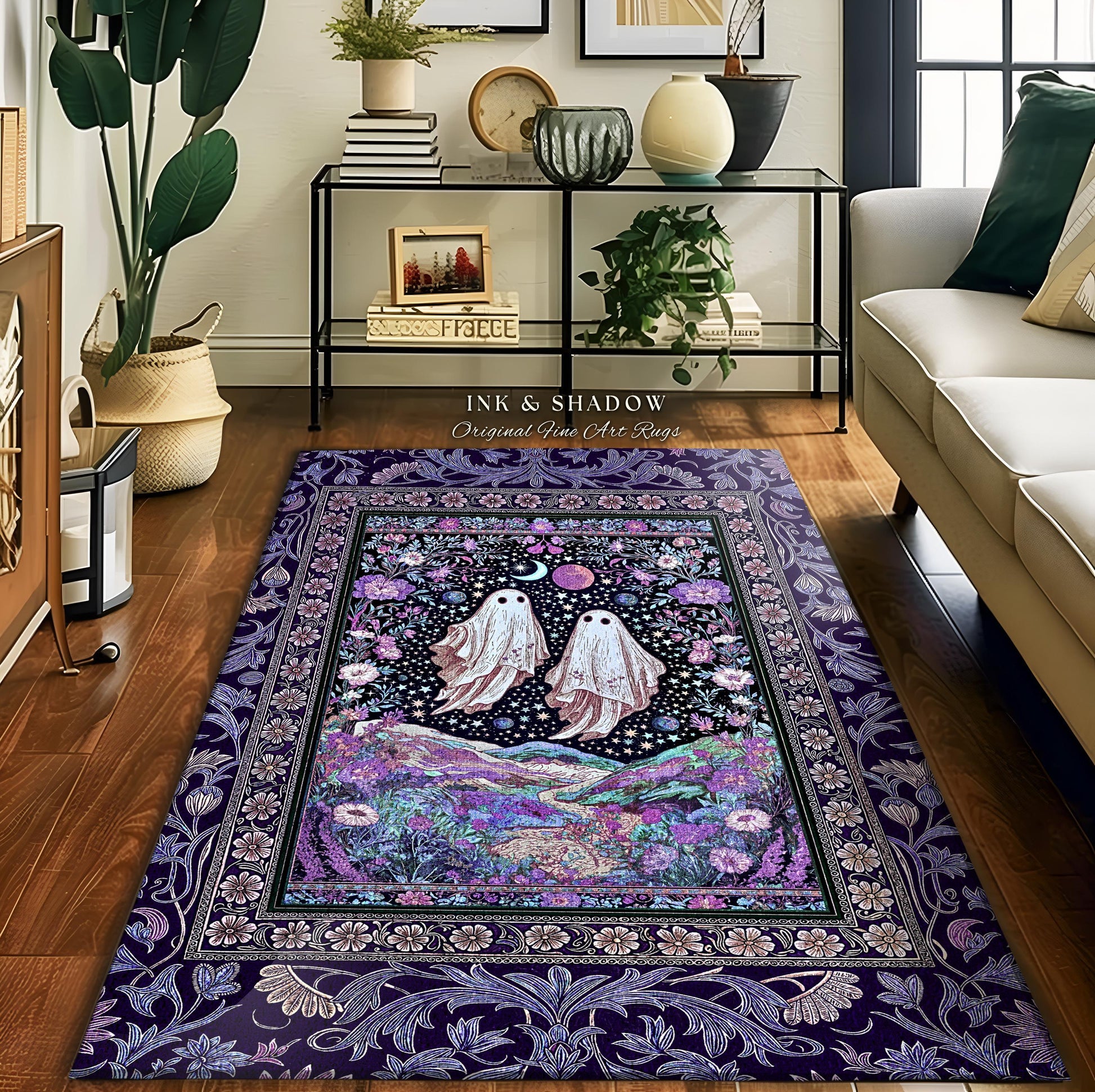 Cosmic Purple Ghost Landscape Rug | Ethereal Landscape Whimsical Accent Rug Cottagecore Halloween Bedroom Fairycore Aesthetic Floral Decor |