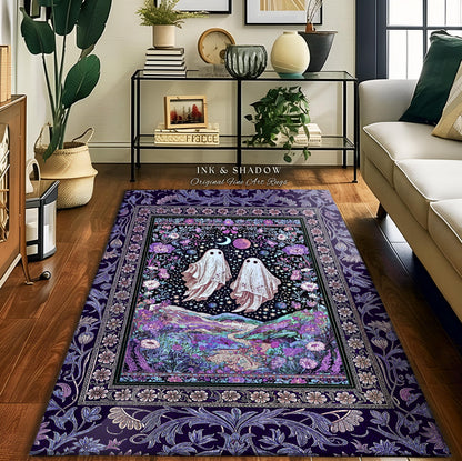 Cosmic Purple Ghost Landscape Rug | Ethereal Landscape Whimsical Accent Rug Cottagecore Halloween Bedroom Fairycore Aesthetic Floral Decor |