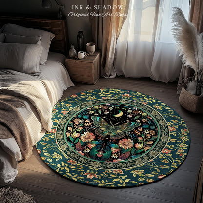 Mystic Moonlit Garden Moth Rug Whimigothic Fairycore Decor | Dark Floral Witchy Moth Rug Whimsical Home Decor Butterfly Cottagecore Rug Gift
