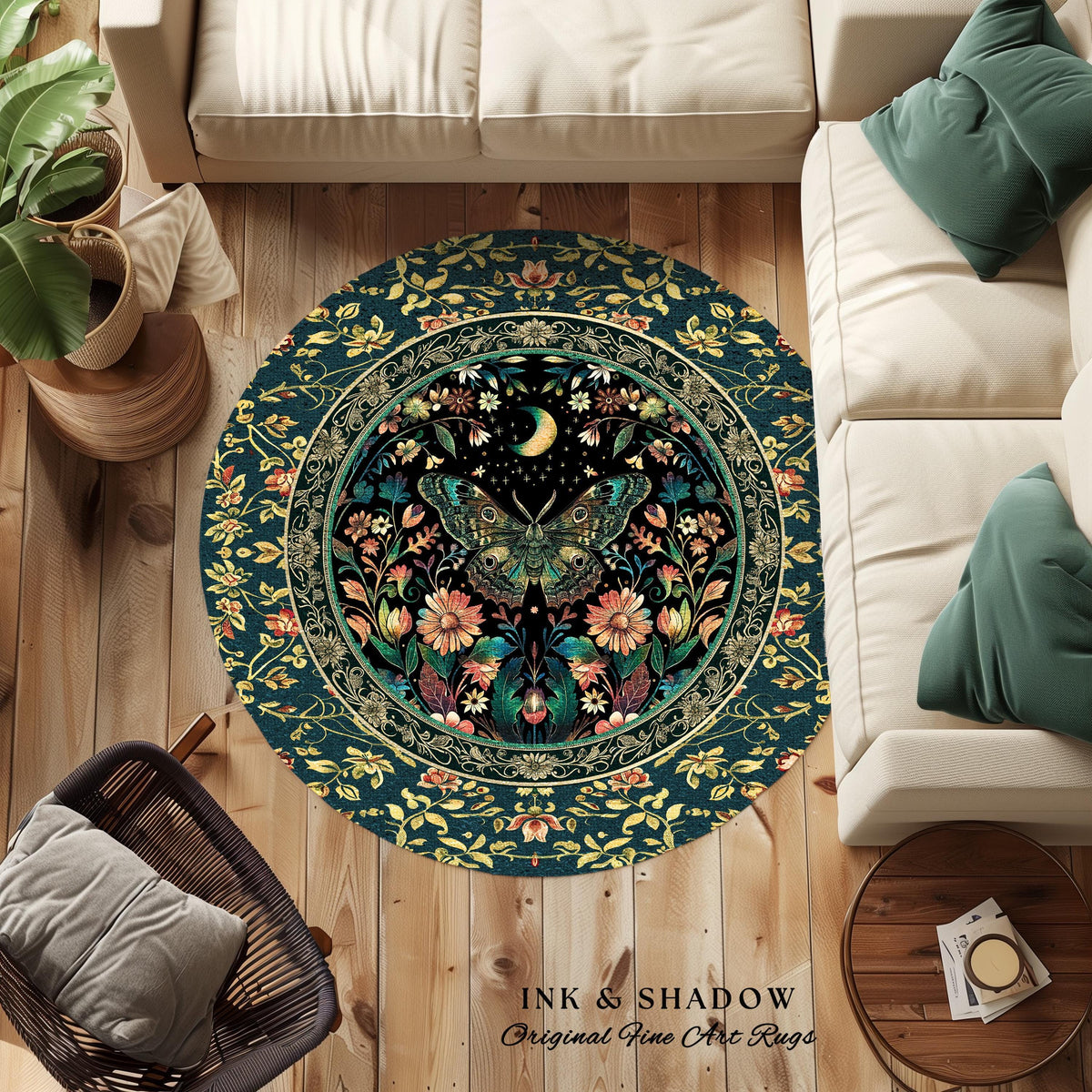 Mystic Moonlit Garden Moth Rug Whimigothic Fairycore Decor | Dark Floral Witchy Moth Rug Whimsical Home Decor Butterfly Cottagecore Rug Gift