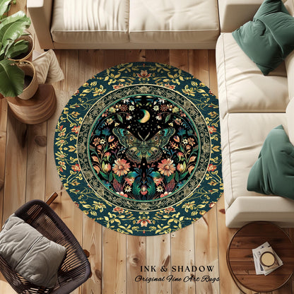 Mystic Moonlit Garden Moth Rug Whimigothic Fairycore Decor | Dark Floral Witchy Moth Rug Whimsical Home Decor Butterfly Cottagecore Rug Gift