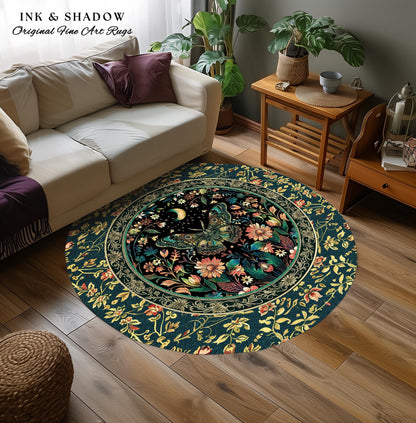 Mystic Moonlit Garden Moth Rug Whimigothic Fairycore Decor | Dark Floral Witchy Moth Rug Whimsical Home Decor Butterfly Cottagecore Rug Gift