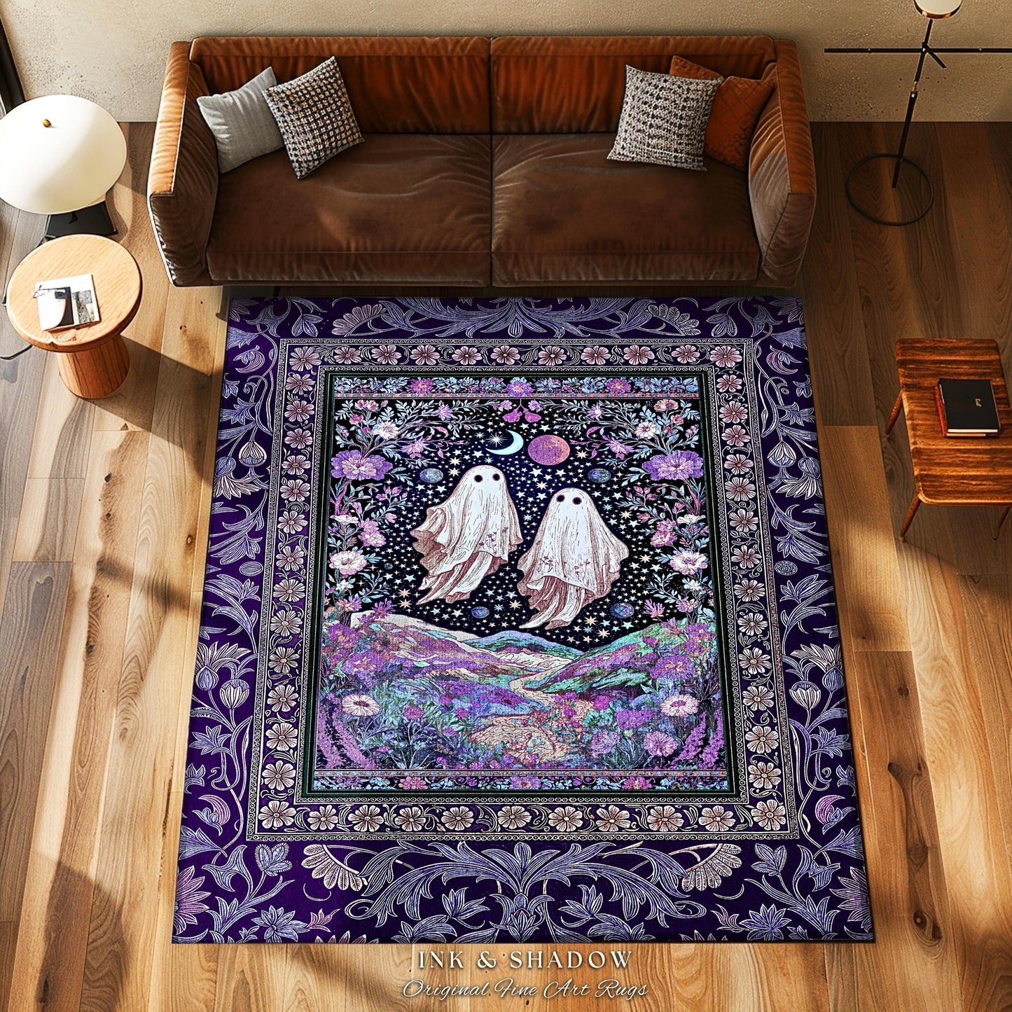 Cosmic Purple Ghost Landscape Rug | Ethereal Landscape Whimsical Accent Rug Cottagecore Halloween Bedroom Fairycore Aesthetic Floral Decor |