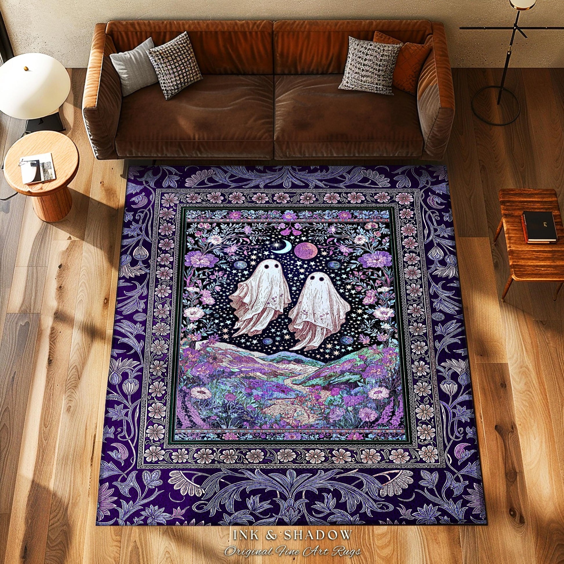 Cosmic Purple Ghost Landscape Rug | Ethereal Landscape Whimsical Accent Rug Cottagecore Halloween Bedroom Fairycore Aesthetic Floral Decor |