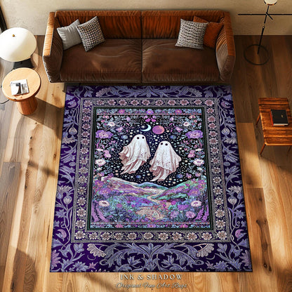 Cosmic Purple Ghost Landscape Rug | Ethereal Landscape Whimsical Accent Rug Cottagecore Halloween Bedroom Fairycore Aesthetic Floral Decor |