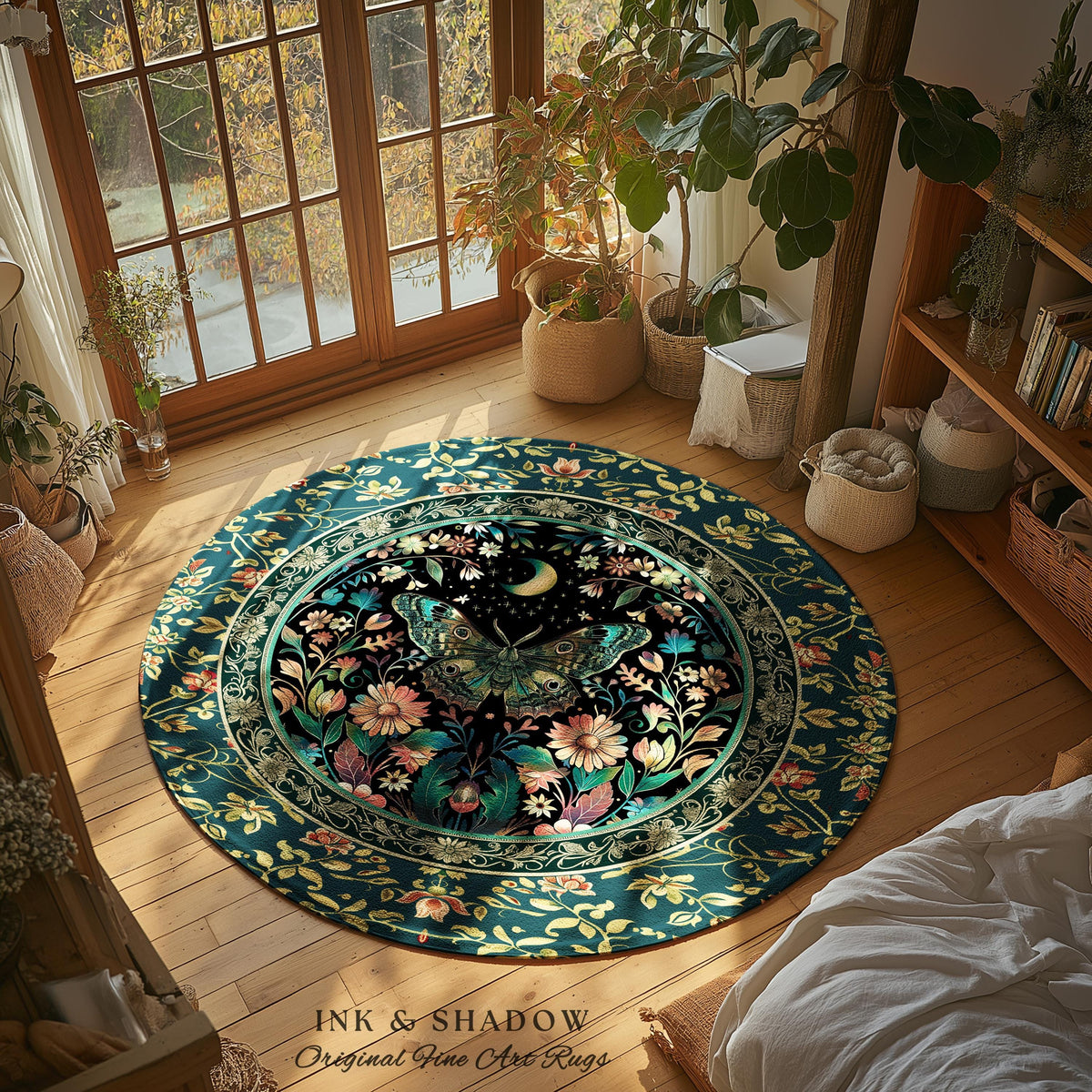 Mystic Moonlit Garden Moth Rug Whimigothic Fairycore Decor | Dark Floral Witchy Moth Rug Whimsical Home Decor Butterfly Cottagecore Rug Gift