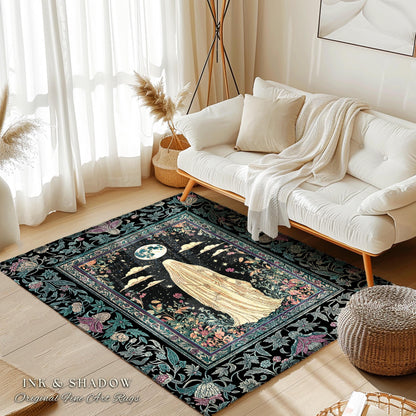 Moonlit Garden Ghost Area Rug | Celestial Halloween Floral Bedroom Whimsigoth Cottagecore Spirit Botanical Season of the Witch Home Accent
