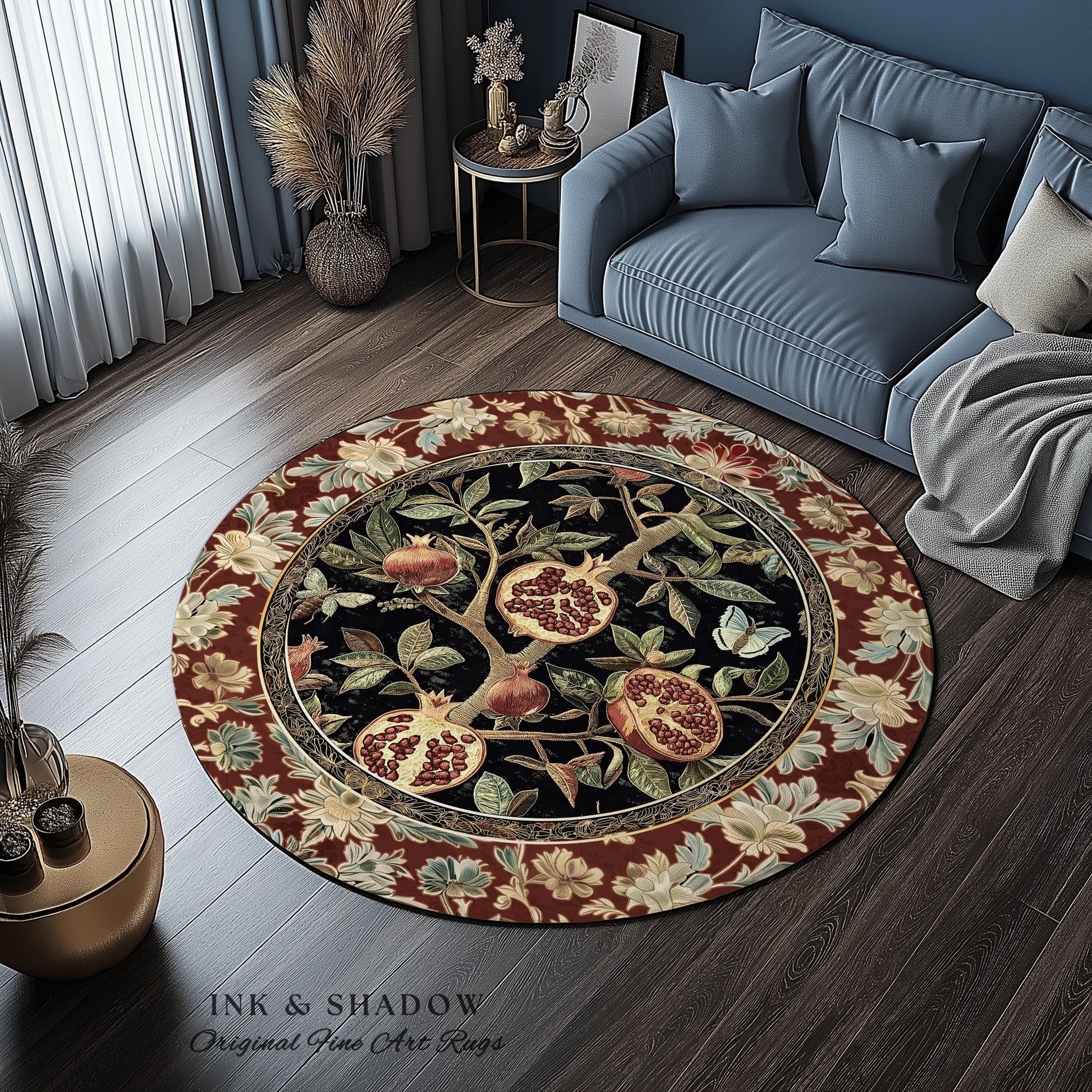 Floral Whimsigoth Vintage Pomegranate Art Nature Rug Cottagegoth Botanical Baroque Elegance, Medieval Style Forestcore Fruit Cottagecore Rug