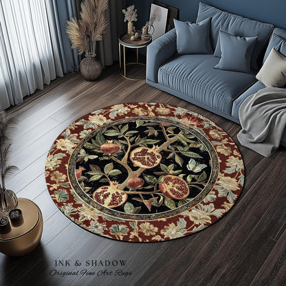 Floral Whimsigoth Vintage Pomegranate Art Nature Rug Cottagegoth Botanical Baroque Elegance, Medieval Style Forestcore Fruit Cottagecore Rug