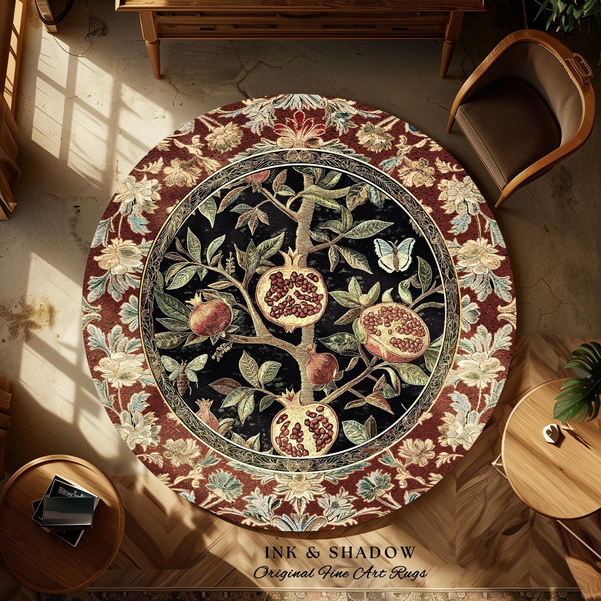 Floral Whimsigoth Vintage Pomegranate Art Nature Rug Cottagegoth Botanical Baroque Elegance, Medieval Style Forestcore Fruit Cottagecore Rug
