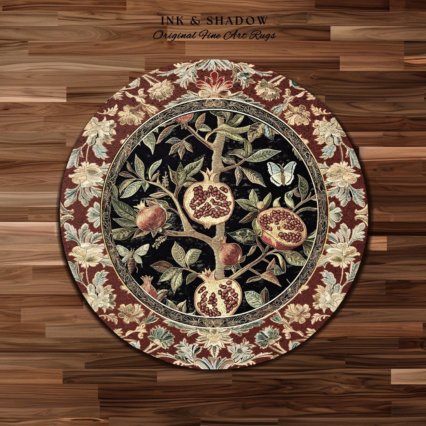 Floral Whimsigoth Vintage Pomegranate Art Nature Rug Cottagegoth Botanical Baroque Elegance, Medieval Style Forestcore Fruit Cottagecore Rug