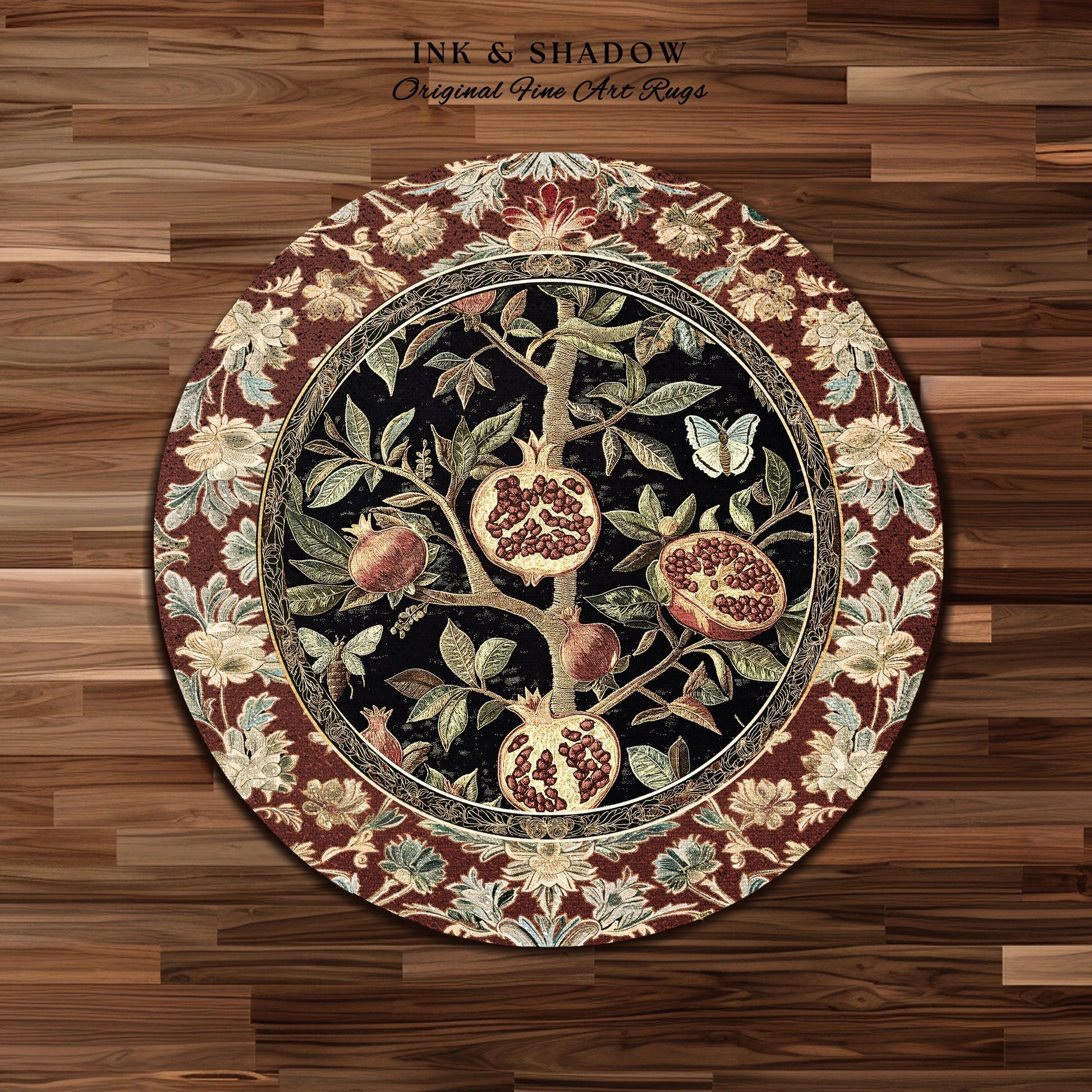 Floral Whimsigoth Vintage Pomegranate Art Nature Rug Cottagegoth Botanical Baroque Elegance, Medieval Style Forestcore Fruit Cottagecore Rug